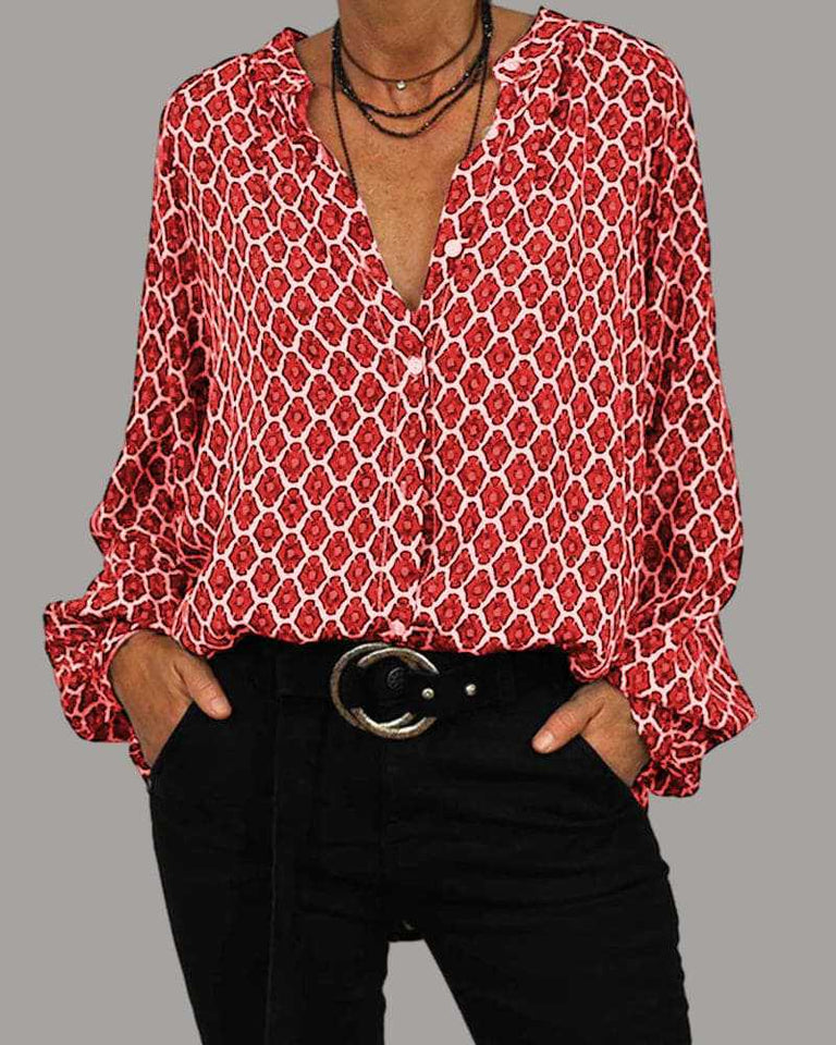 Women's Elegant V-Neck Long Sleeve Blouse With Floral Print - Spring Fashion Tunic Top For Casual & Office Wear