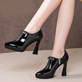 Block-heel Deep Patent Leather Low-top High Heels